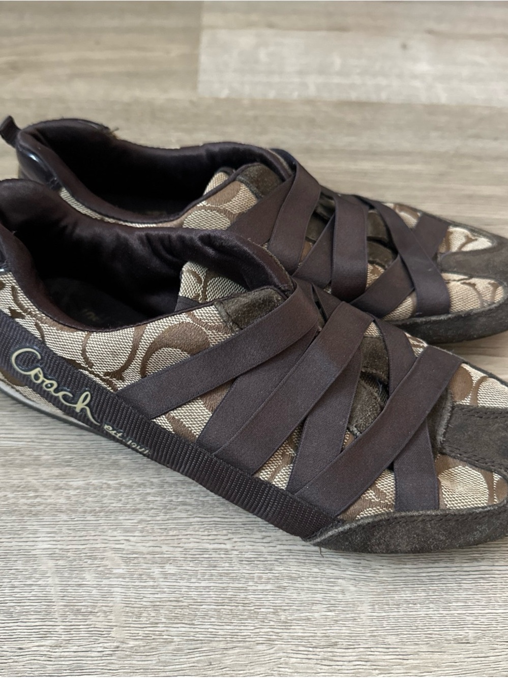 Coach Brown & Beige Signature Mesh Slip-Ons
